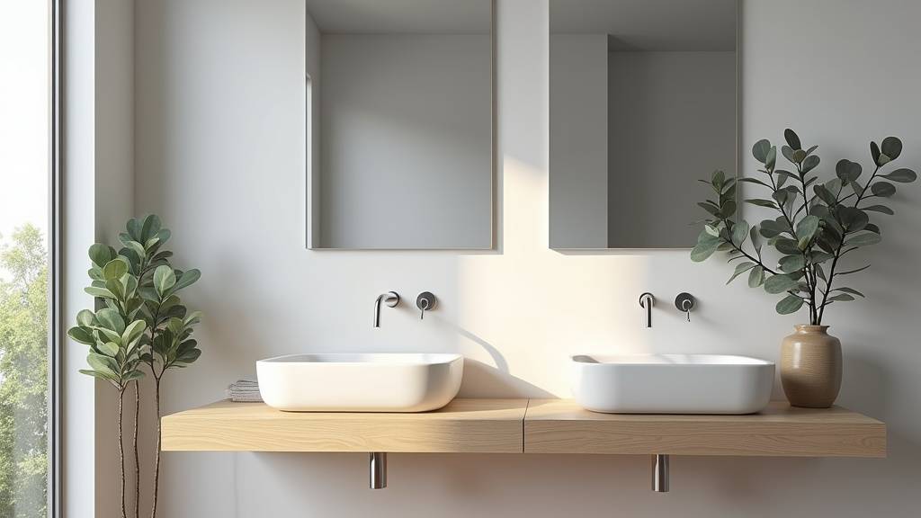 Salle de bain scandinave avec meuble double vasque en bois clair et vasques ovales blanches