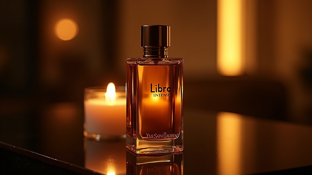 Bouteille de parfum Libre Intense Yves Saint Laurent sur fond noir élégant