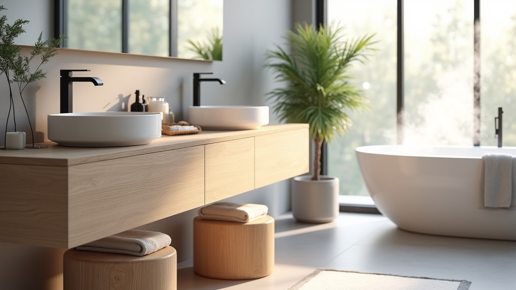 Meuble double vasque à poser en chêne avec tiroirs en aluminium brossé