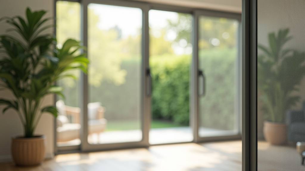 Moustiquaire coulissante installée sur une baie vitrée, laissant passer la lumière et l'air frais