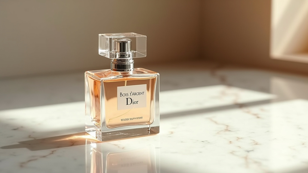 Flacon élégant de Bois d'Argent de Dior posé sur un plateau de marbre noir