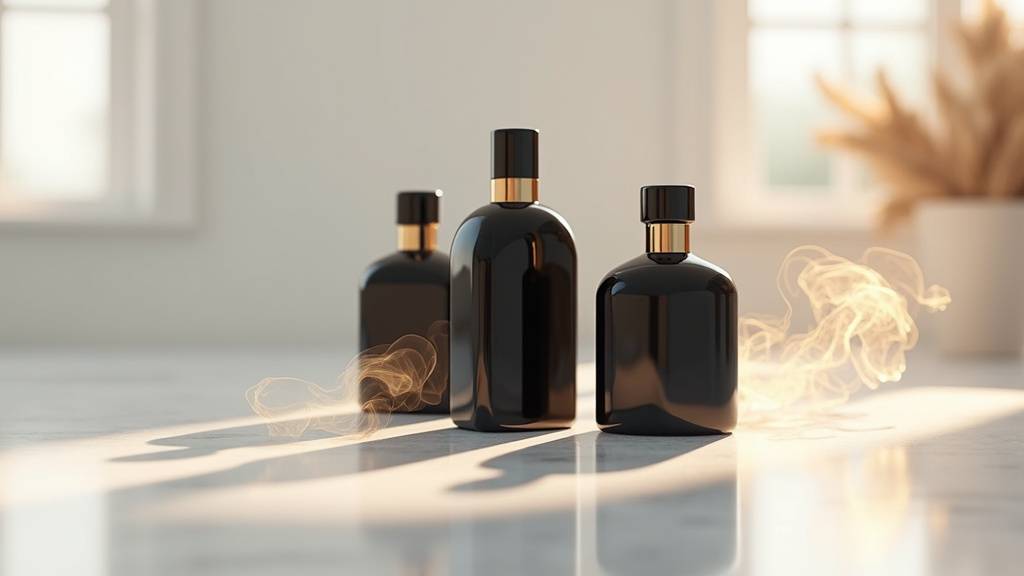 Flacons de parfum Tom Ford pour homme alignés sur une surface noire