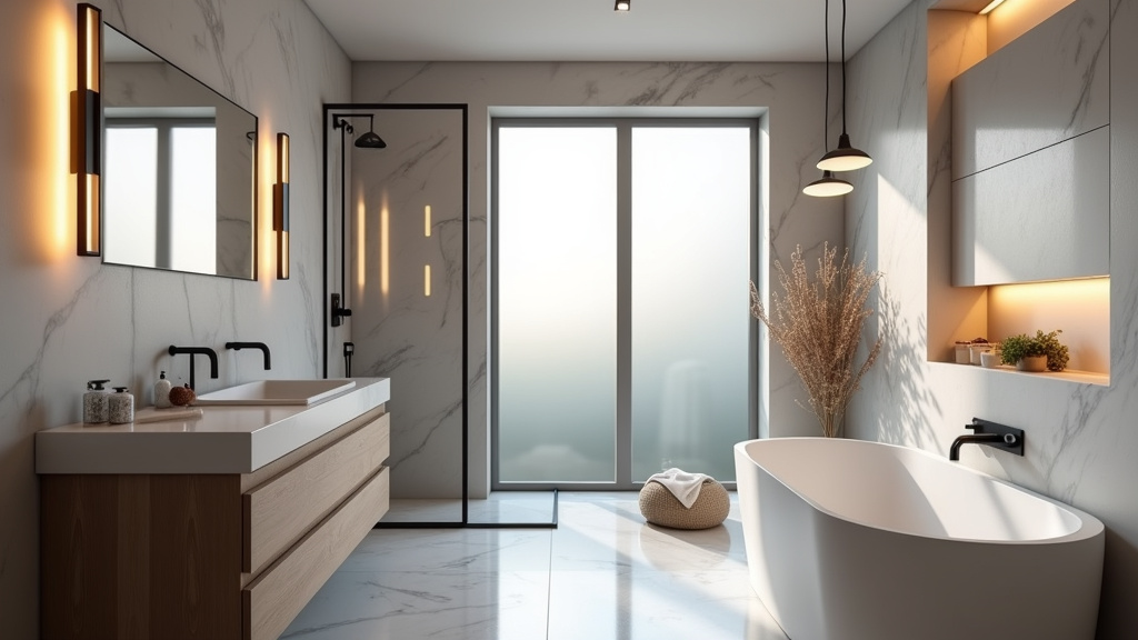 Installation moderne de luminaires dans une salle de bains contemporaine