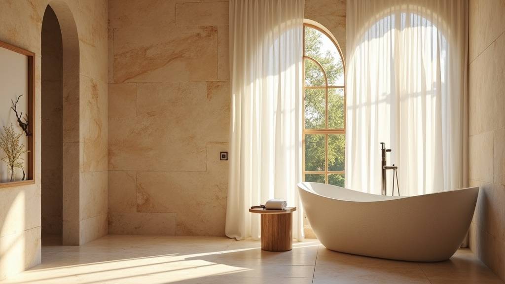 Douche à l'italienne en travertin avec robinetterie noire mat