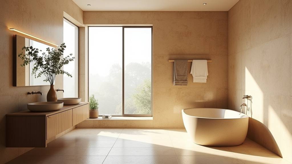 Salle de bain avec vasque en travertin et éléments décoratifs