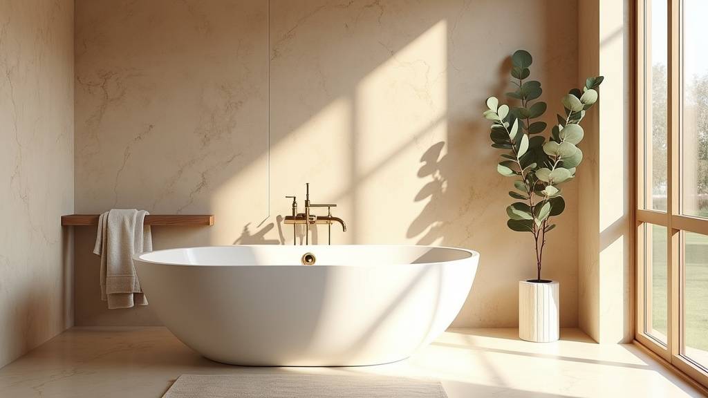 Salle de bain moderne avec carrelage et vasque en travertin clair